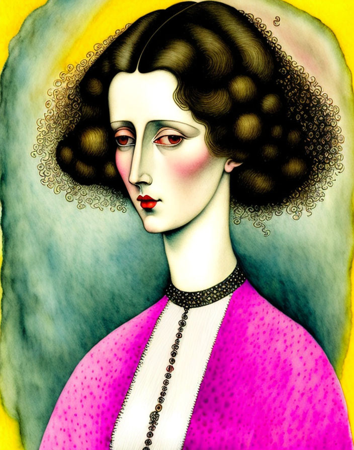 Illustration of woman with pale skin, wavy brown hair, pink top, pearl necklace, and