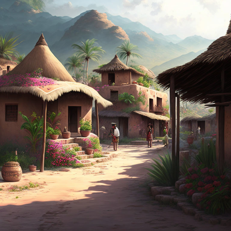 Rural village with thatched-roof huts, villagers, floral bushes, and mountain backdrop