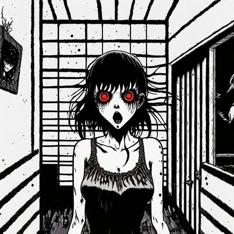 Monochrome illustration of startled girl with red eyes and eerie figures in patterned room