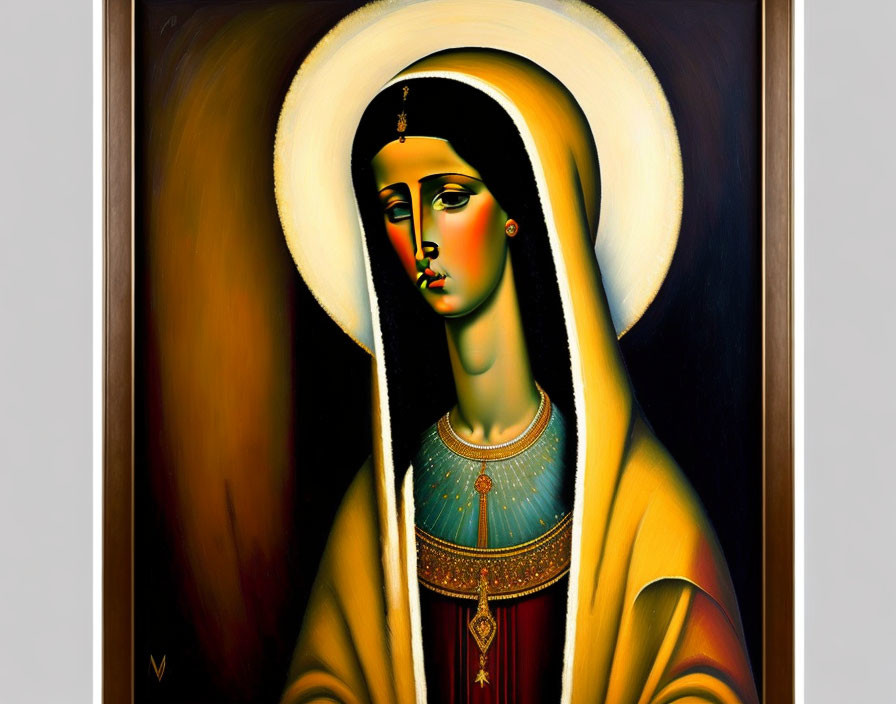 Stylized painting of female figure with halo and elongated features