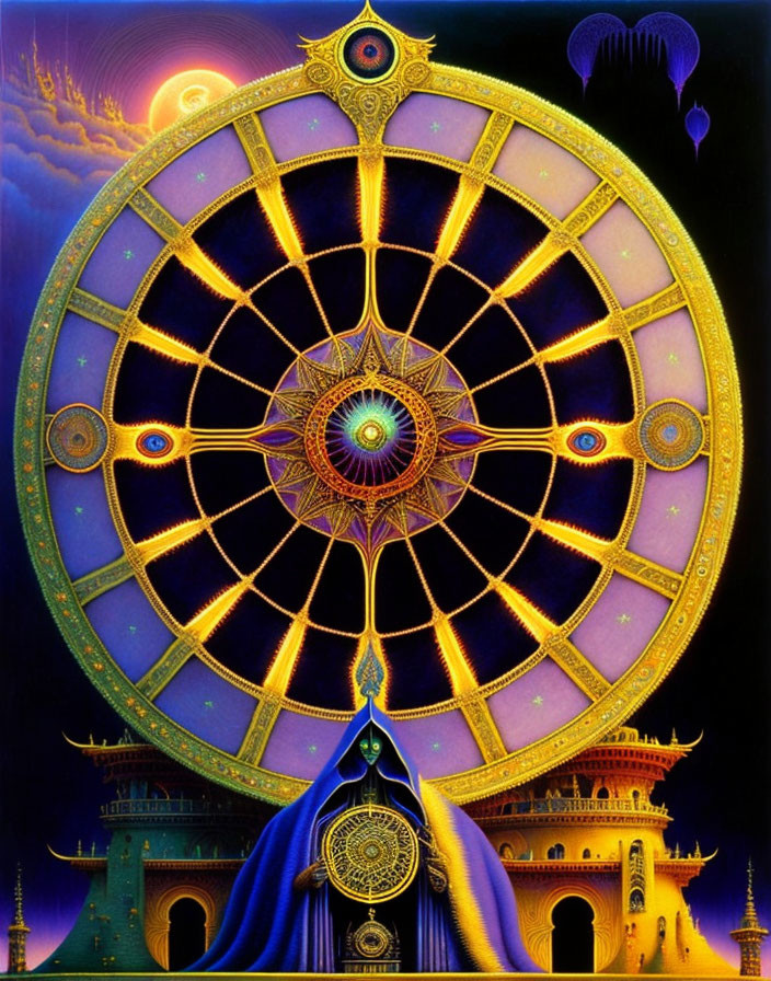 Intricate cosmic wheel over Eastern-style architecture and cloaked figure