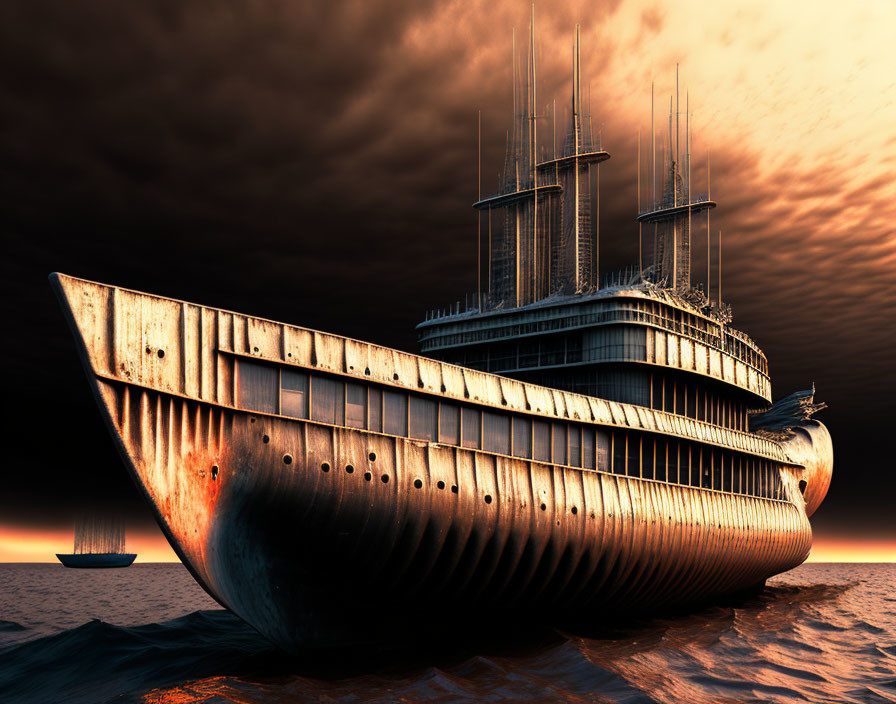 Futuristic ship with tall masts beached under dramatic sunset sky