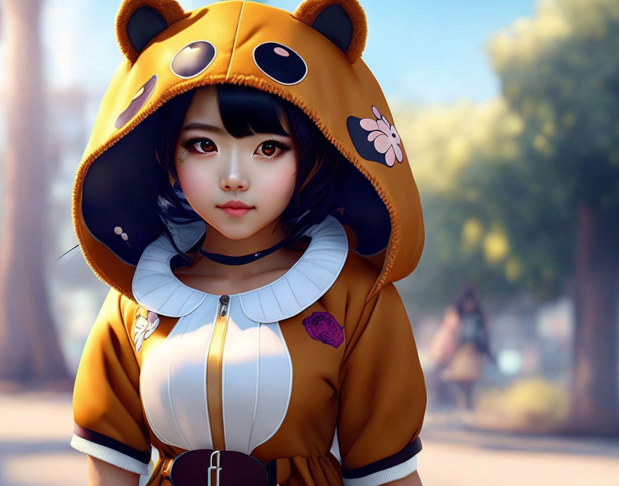 Digital artwork featuring girl with expressive eyes in bear-themed jacket