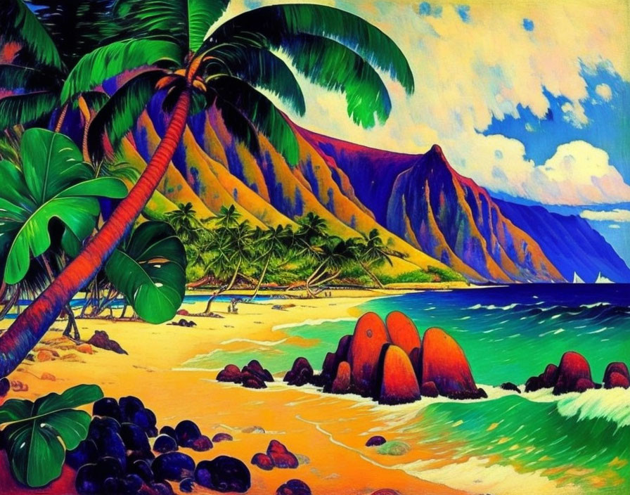 Tropical beach landscape with palm trees, sea, mountains, rocks, and sailboats