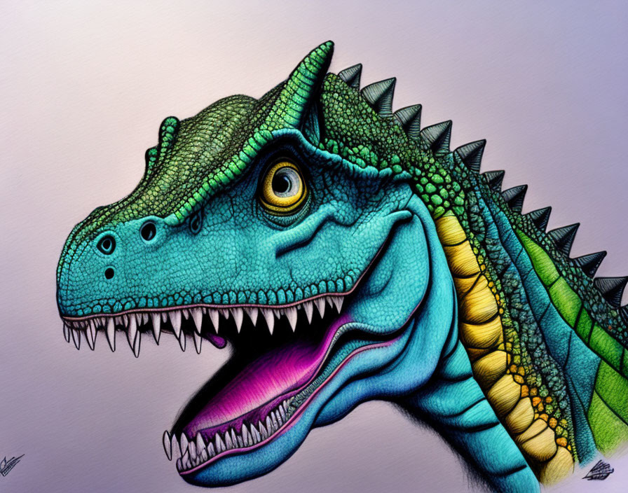 Vibrant Dinosaur Portrait in Blue and Green with Yellow Eye