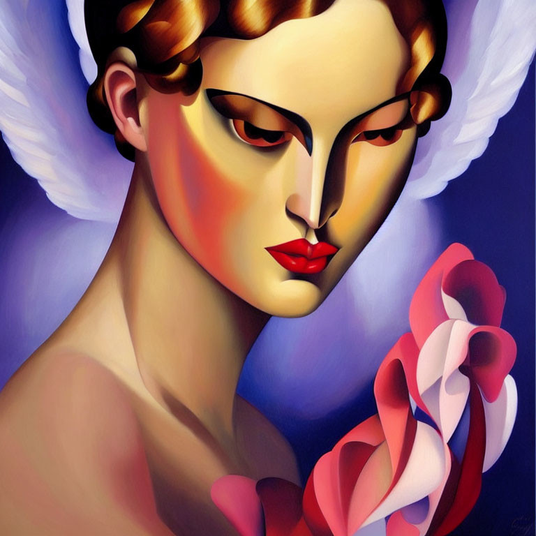 Stylized painting of woman with red lips and golden headband on violet backdrop