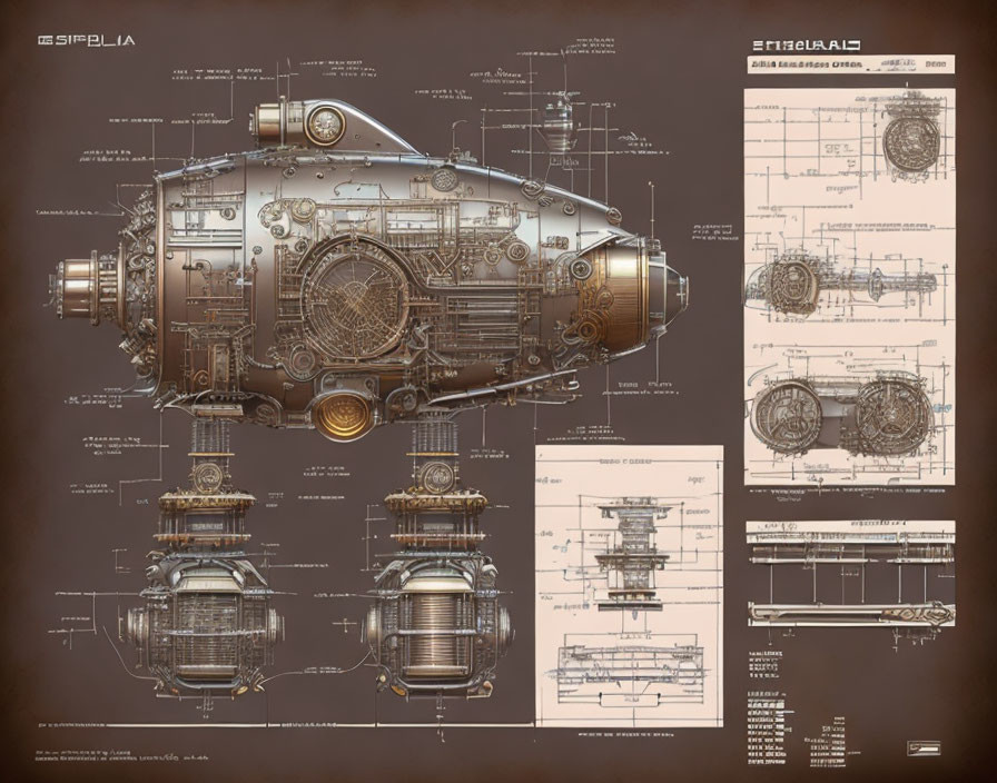 Detailed Steampunk Submarine Blueprint with Annotations