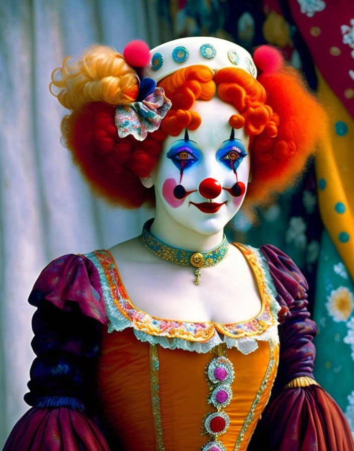 Colorful Clown with Red Hair and Painted Face in Traditional Costume