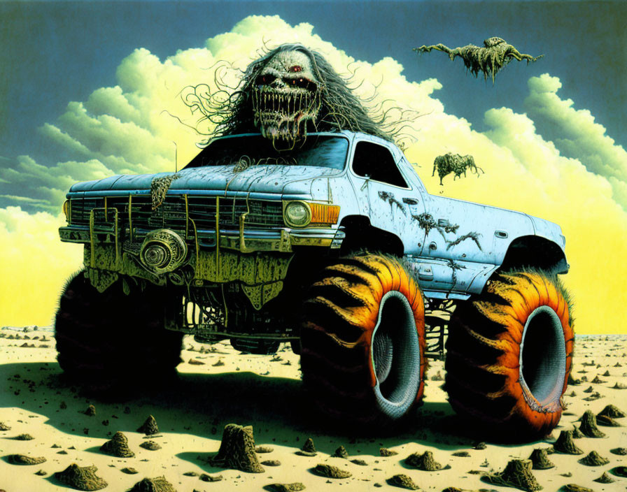 Monstrous vehicle with large orange wheels in barren landscape