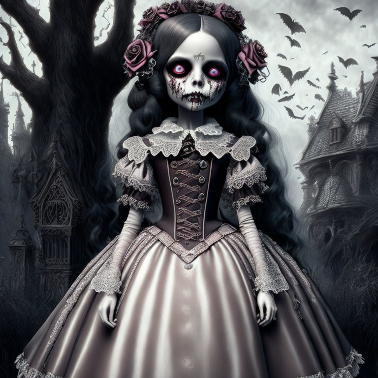 Gothic doll figure in skull makeup and Victorian dress with bats and creepy house.