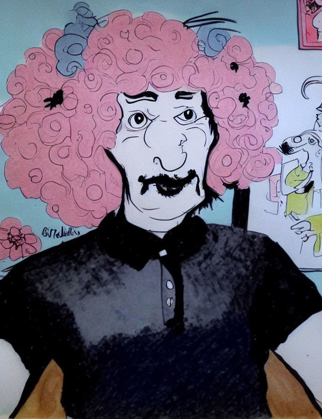 Person with Pink Flower Afro & Frog Drawing: Cartoonish Illustration