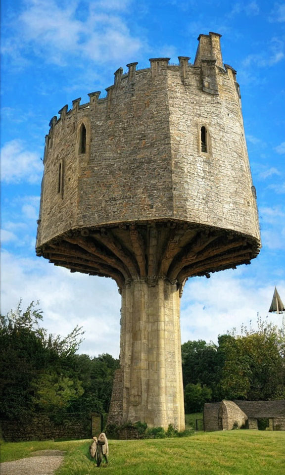 Stone tower with tree-like base in green landscape, person for scale