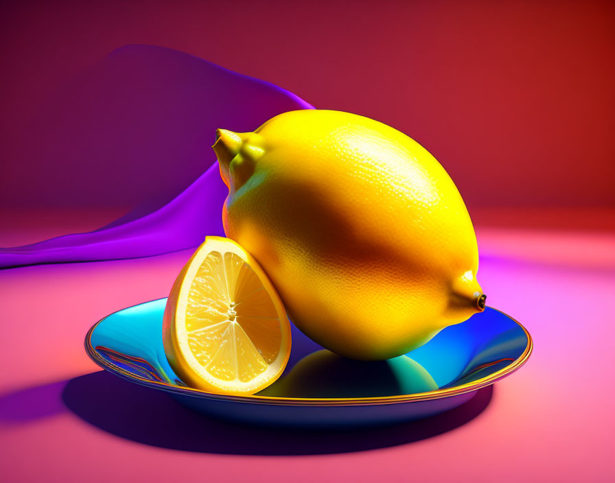 Bright lemon on saucer with slice, red and purple backdrop, flowing ribbon.