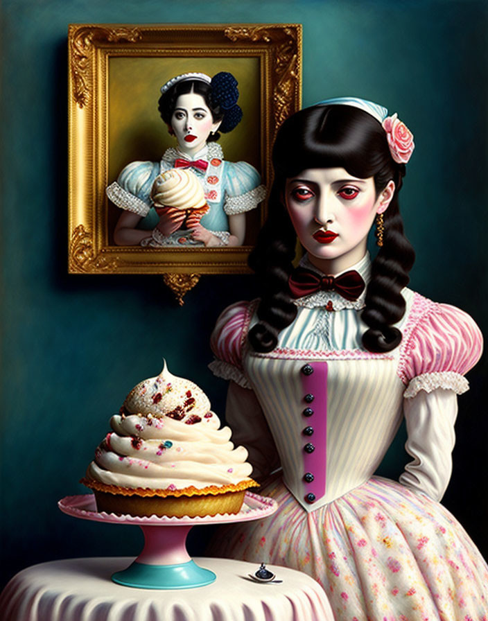 Surreal vintage woman portrait with cupcake and framed painting