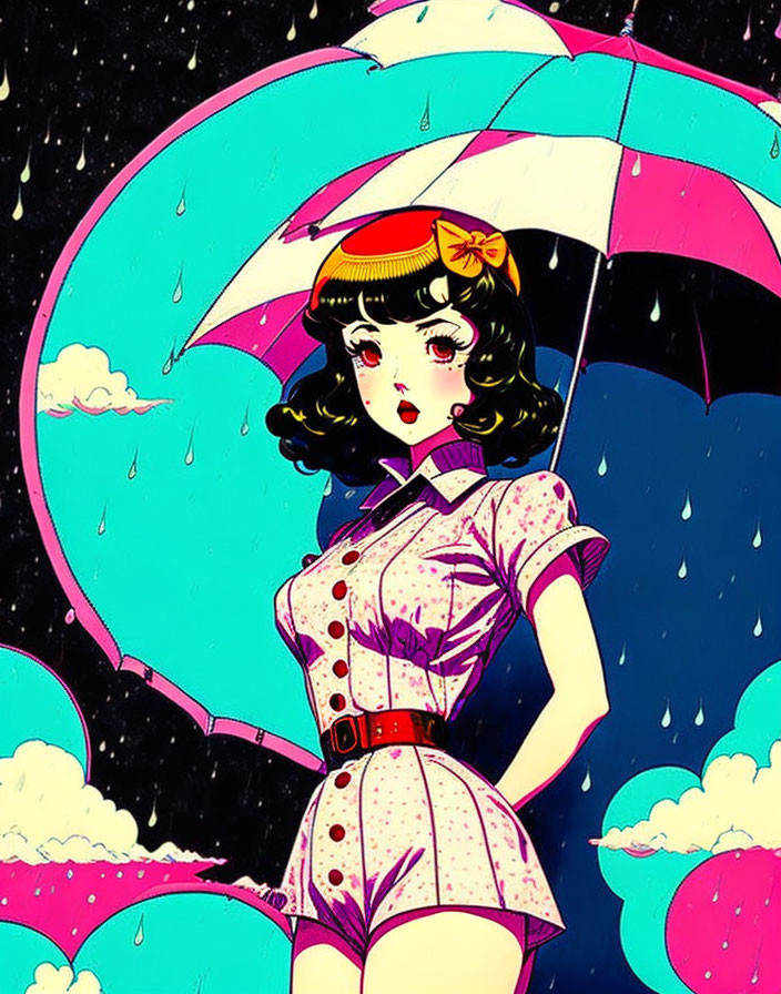 Illustrated retro-style woman with striped umbrella under starry, rainy sky