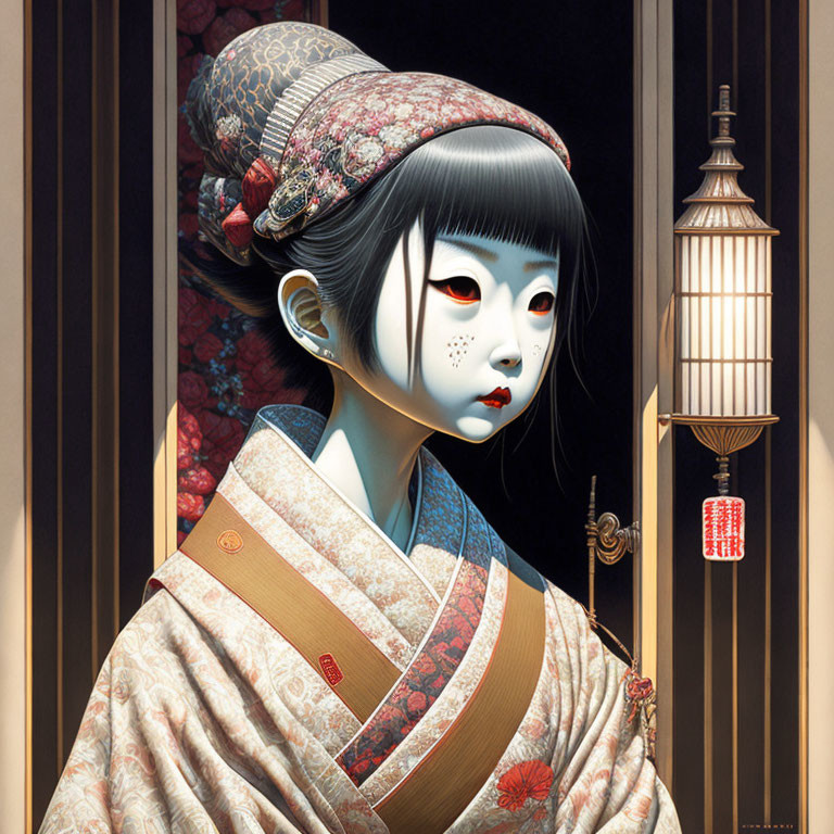 Illustration of person in kimono with lantern and surreal elements