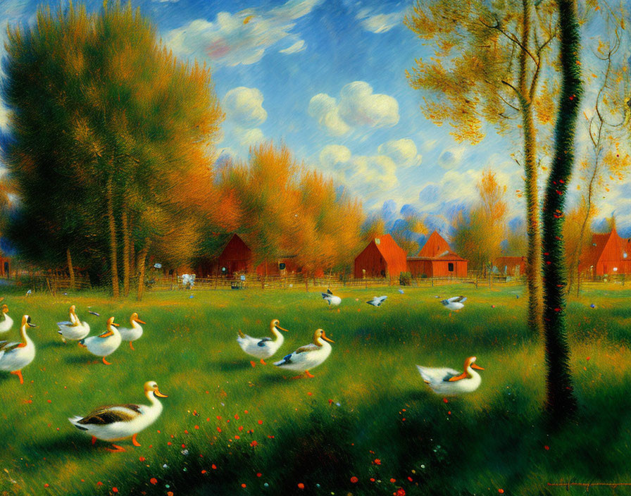 Colorful painting of ducks in nature with trees, flowers, and homes