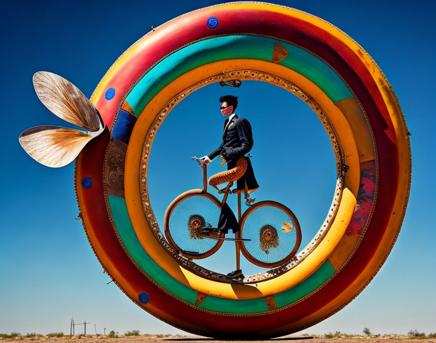 Person in suit and mask on unicycle in colorful circular frame with butterfly wings under blue sky