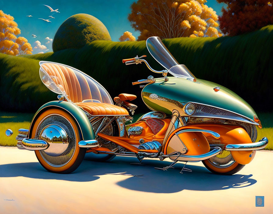 Retro-futuristic motorcycle with sidecar in lush green landscape