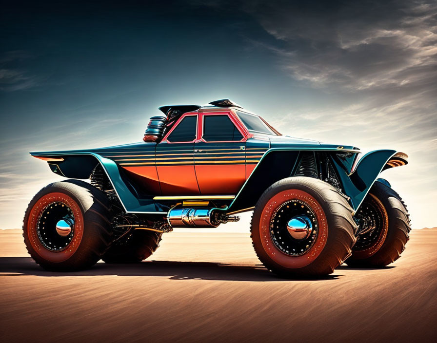 Sleek Black and Orange Futuristic Monster Truck in Desert Setting