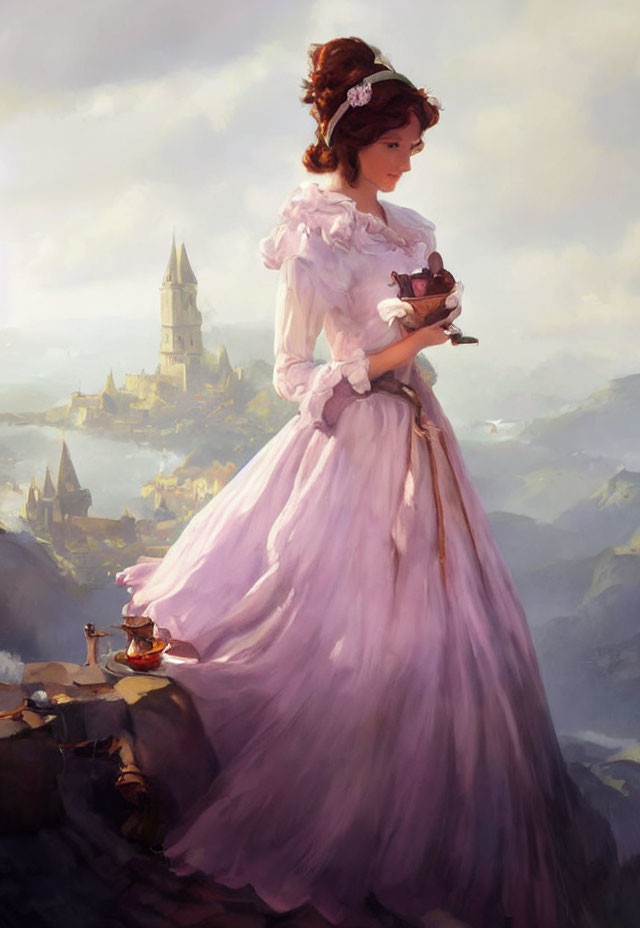 Woman in lilac gown holding bird on cliff with castle and mountains.