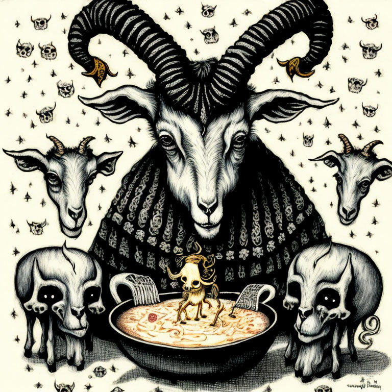 Horned goat in sweater with smaller goats, bowl with tiny goat, stars and eyes in background