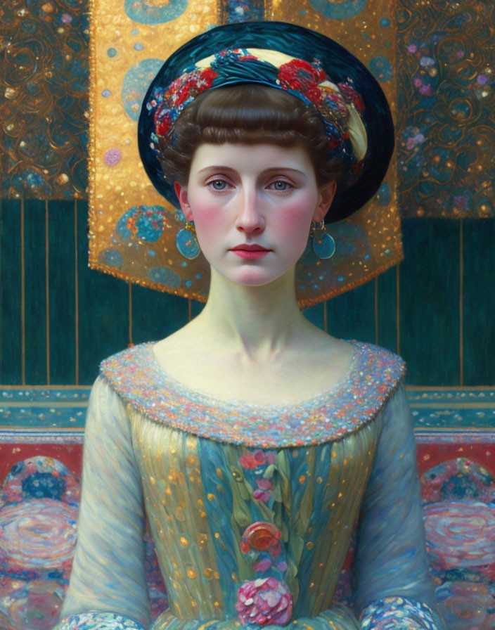 Portrait of woman with large eyes and ornate hat against golden backdrop