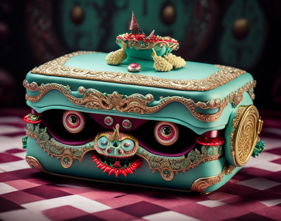 Ornate jewelry box with eyes and mouth on checkered surface