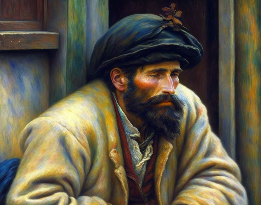 Detailed painting of bearded man in turban and yellow coat against wooden door.