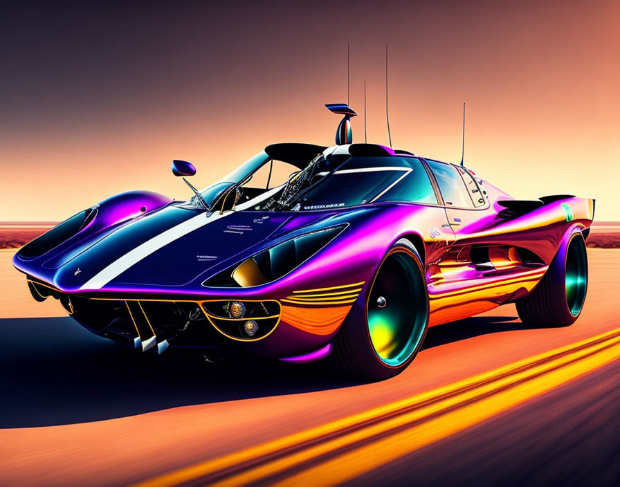 Futuristic Purple and Orange Car on Gradient Sky