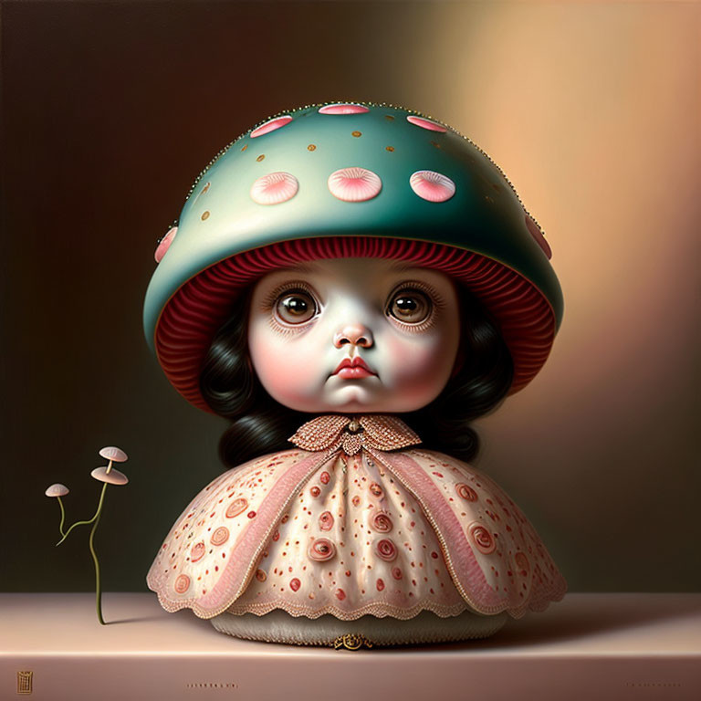 Surreal illustration of doll-like character with wide eyes in mushroom cap hat.