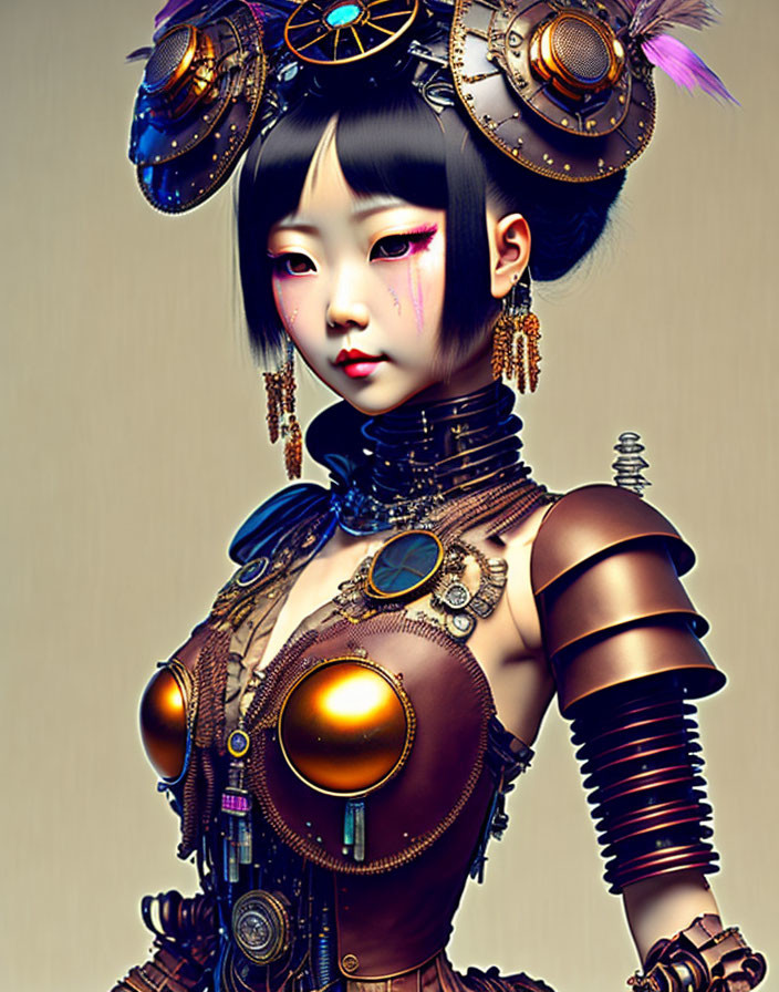 Steampunk-style female character with gear accessories and metallic arm details