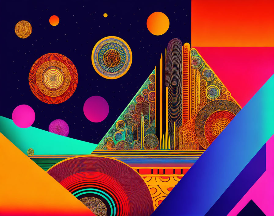 Colorful abstract art with geometric shapes and cosmic theme.