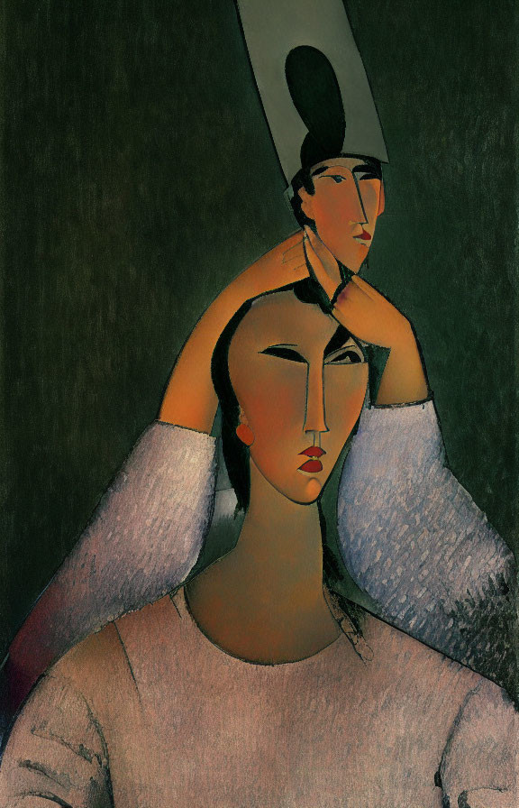 Stylized artwork with two figures in long headdress touching foreheads