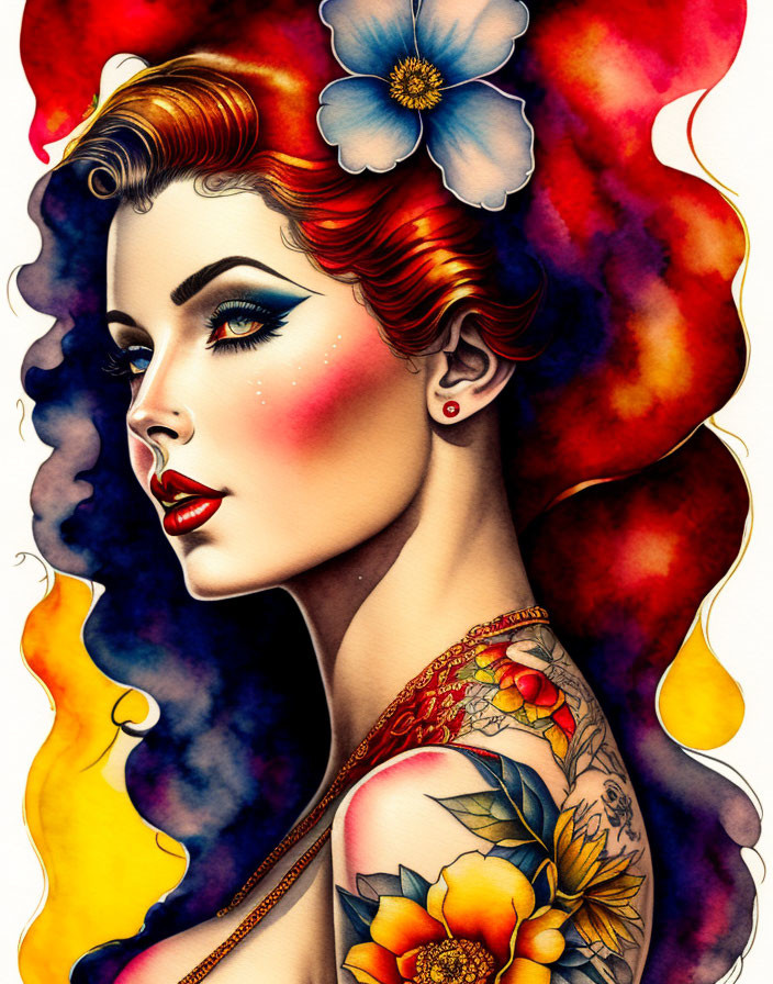 Colorful illustration of woman with flowing hair and tattoos, adorned with blue flower.