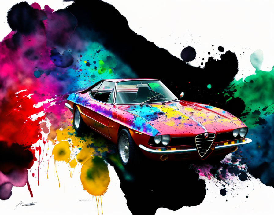 Colorful Alfa Romeo car art with ink blots and paint splatters