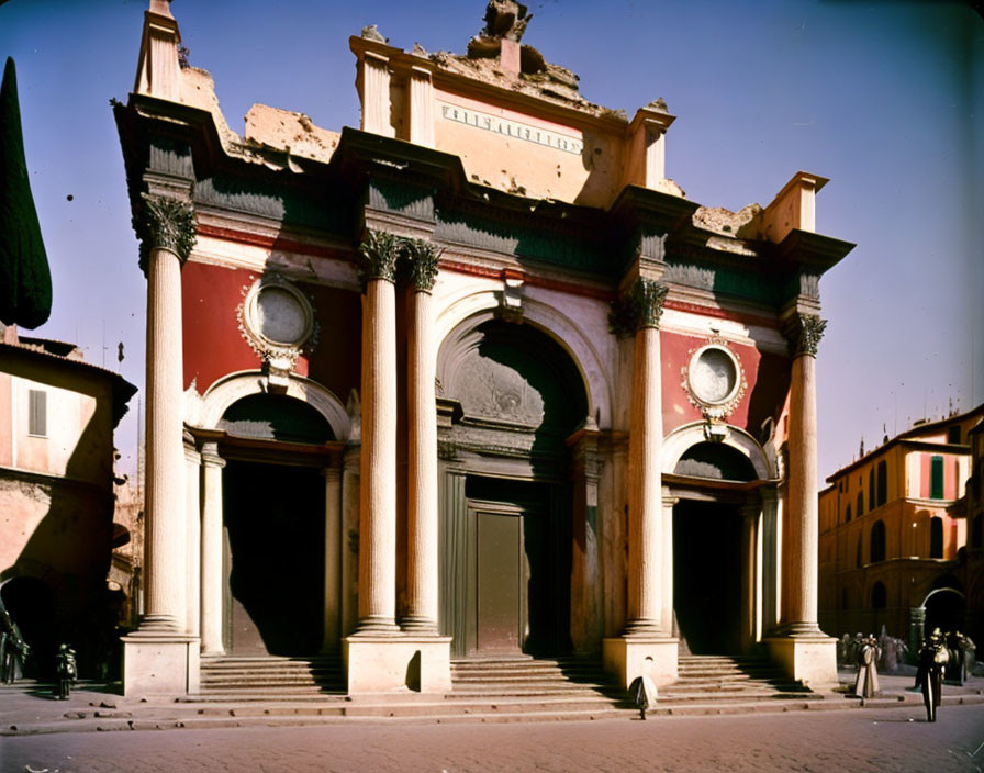 Vintage Color Photo: Old Ornate Building with Arches, Statue, and People