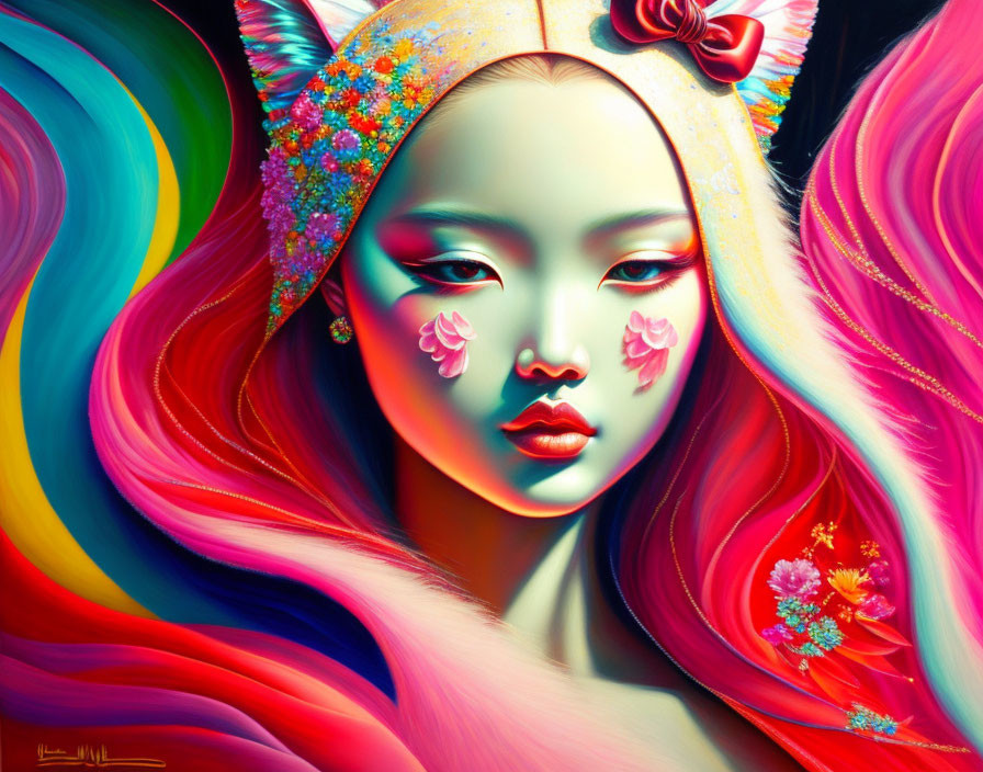 Colorful digital artwork of a woman with cat ears and intricate face ornaments.