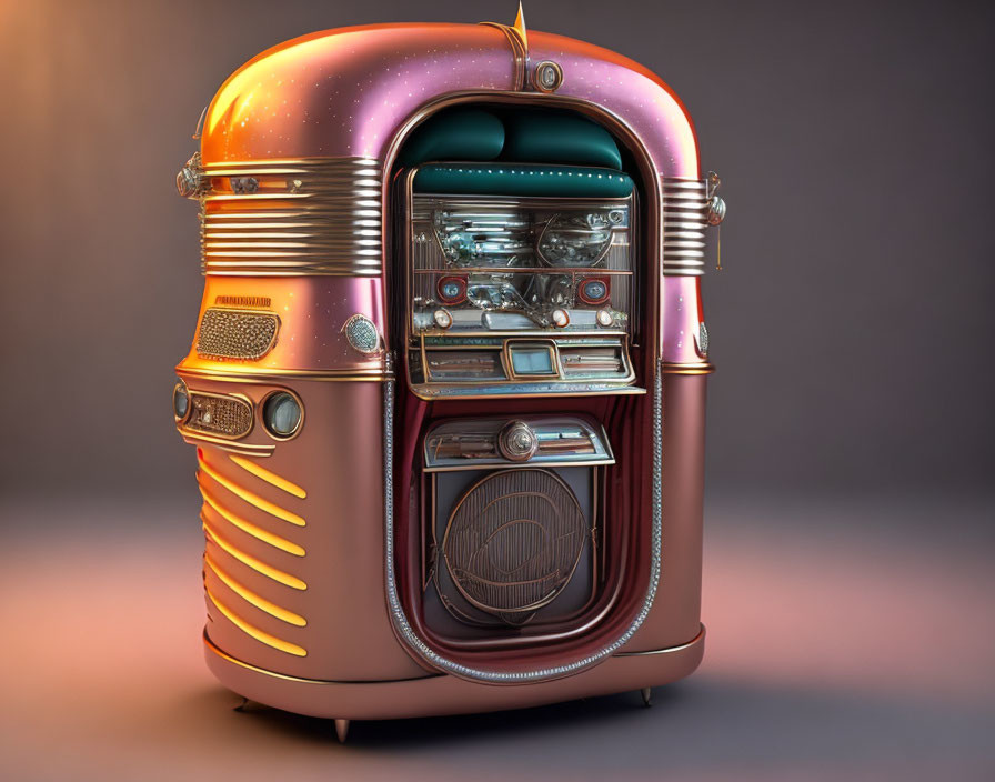 Colorful Retro-Style Jukebox with Chrome Details on Neutral Background