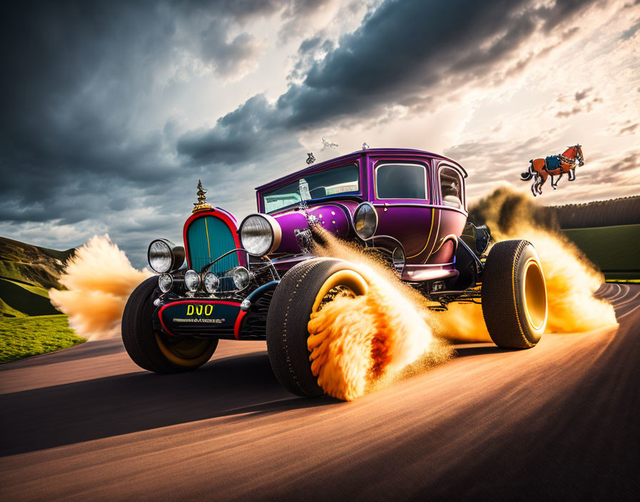 Purple Hot Rod Speeding on Road with Spewing Flames and Flying Drone