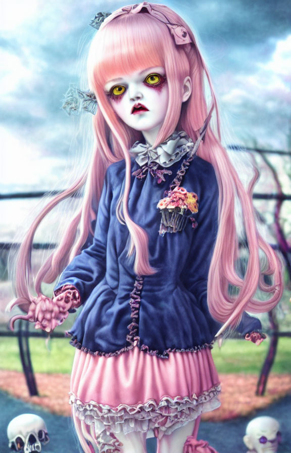 Digital artwork: Doll-like character with pink hair in Gothic attire, set in a fantasy scene with skulls