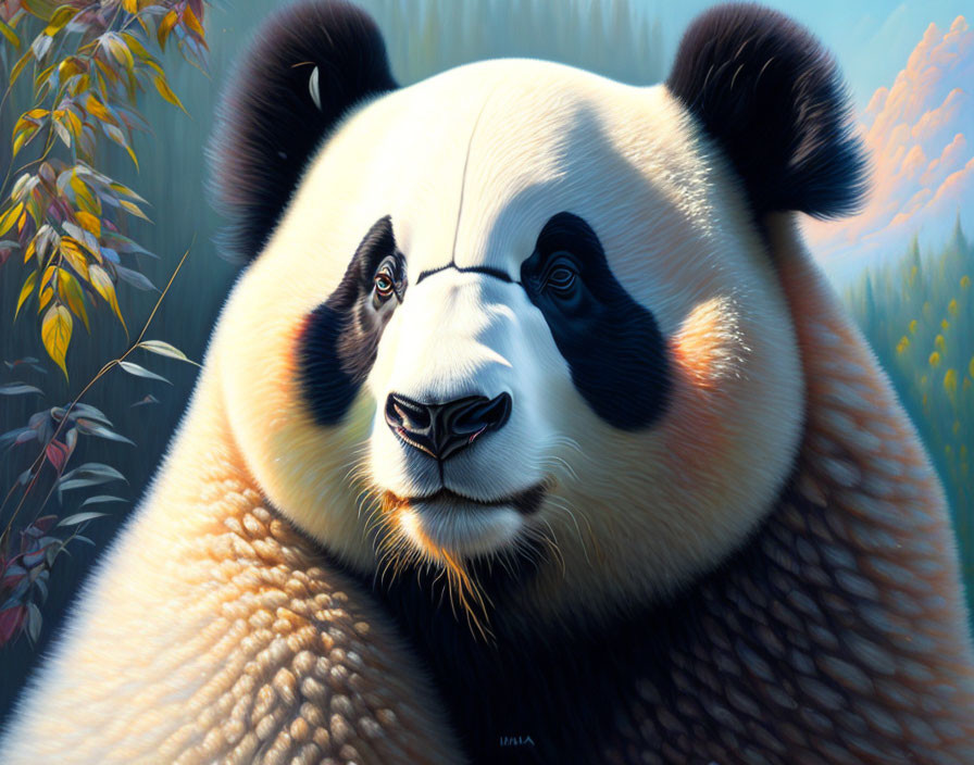 Detailed painting of serene giant panda with bamboo background