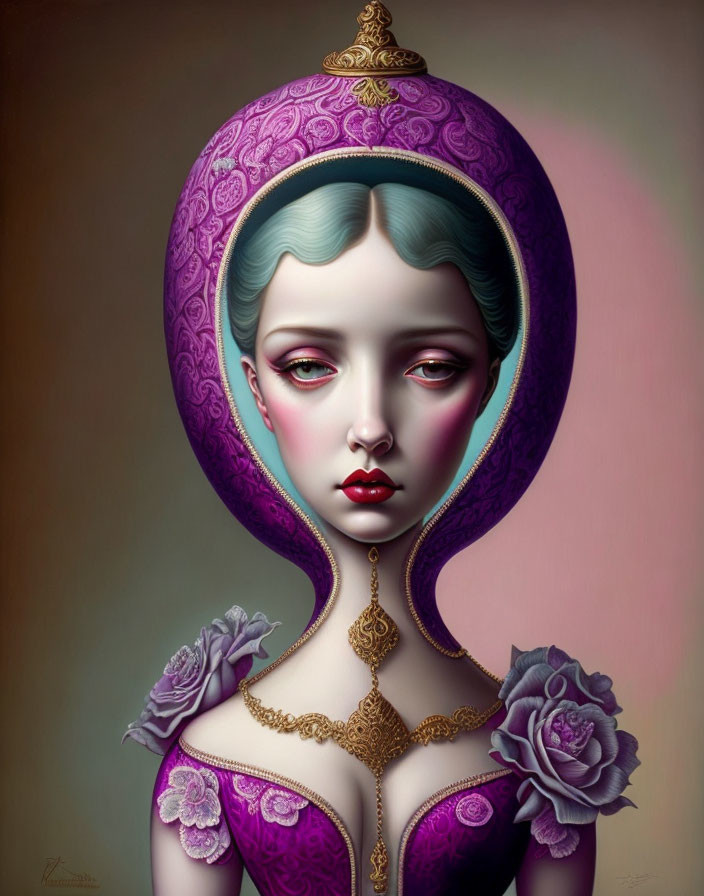 Portrait of Woman with Pale Skin, Rosy Cheeks, and Elaborate Purple & Gold He