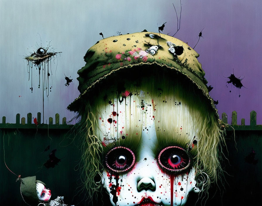 Surreal artwork featuring girl with oversized eyes and tattered hat.