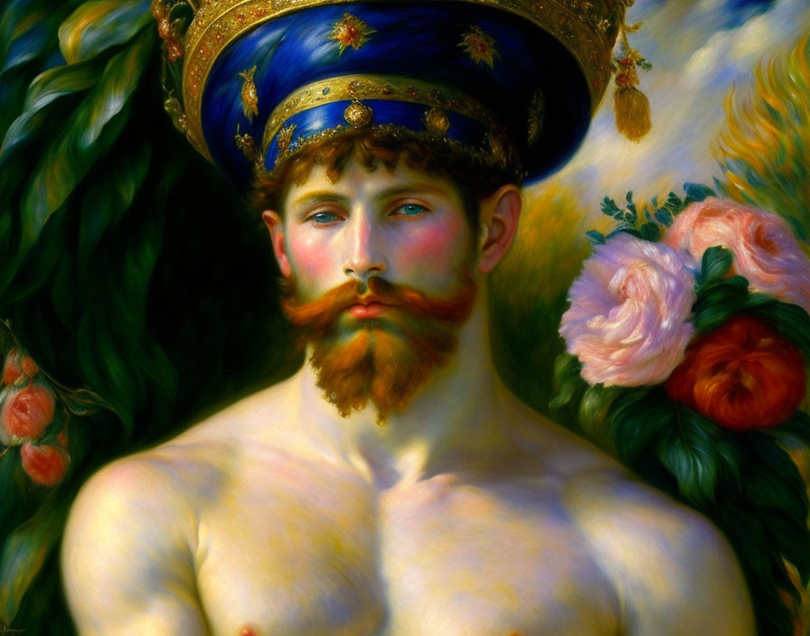 Regal man with jeweled crown and red beard in lush greenery