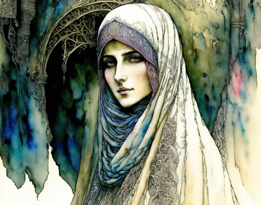 Detailed Watercolor Illustration of Woman in Headscarf