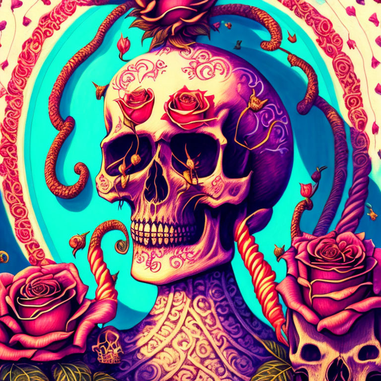 Detailed skull with roses and snake motifs on colorful backdrop