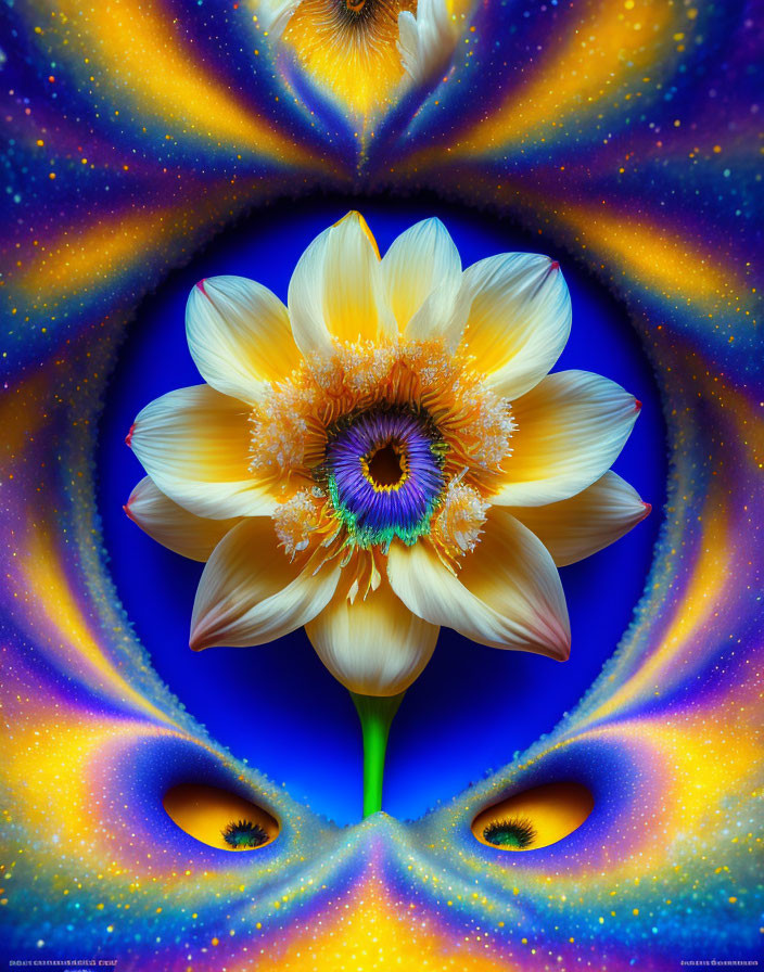 Symmetrical kaleidoscopic flower artwork with vibrant colors and abstract patterns