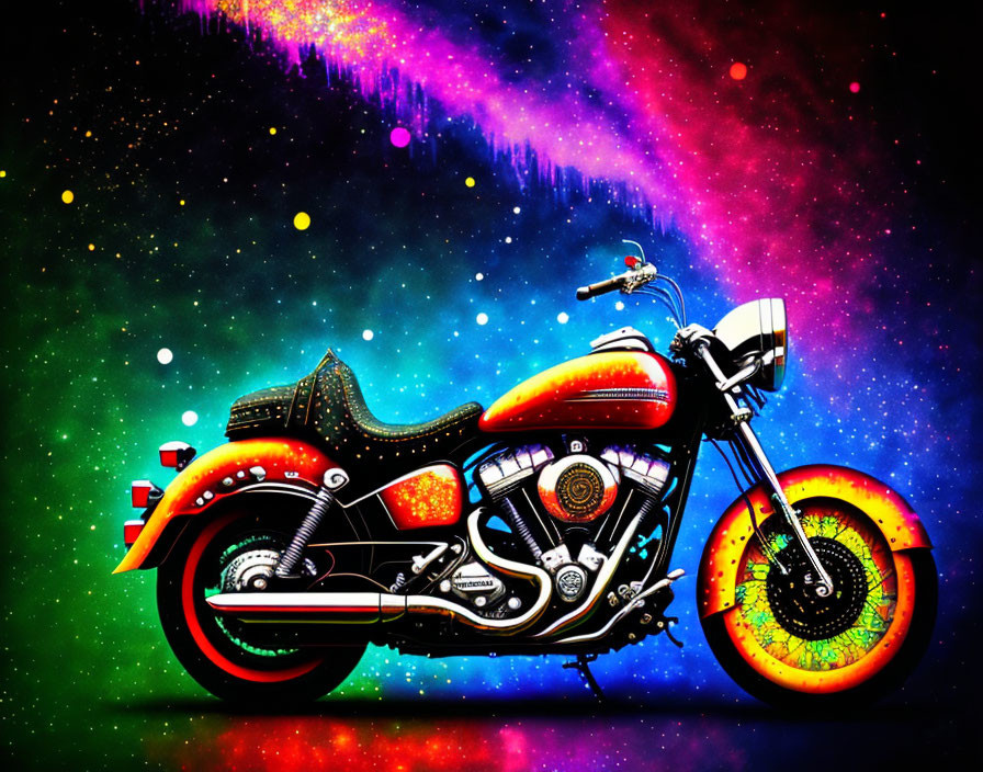 Colorful Classic Motorcycle Illustration on Cosmic Background