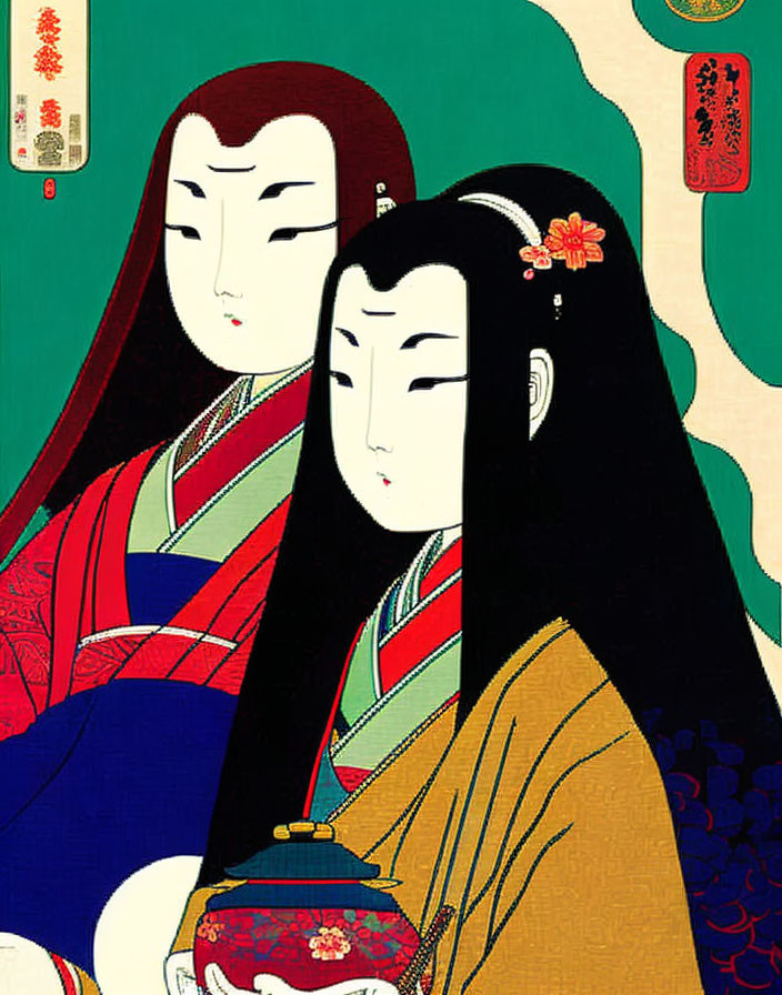 Japanese woodblock print: Two women in kimonos with intricate hairstyles on green background